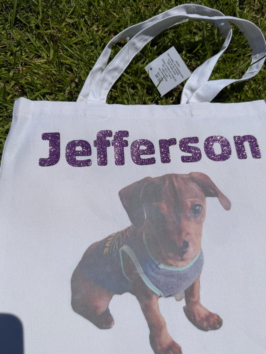 Pet Name and picture Glitter Personalized Canvas Tote