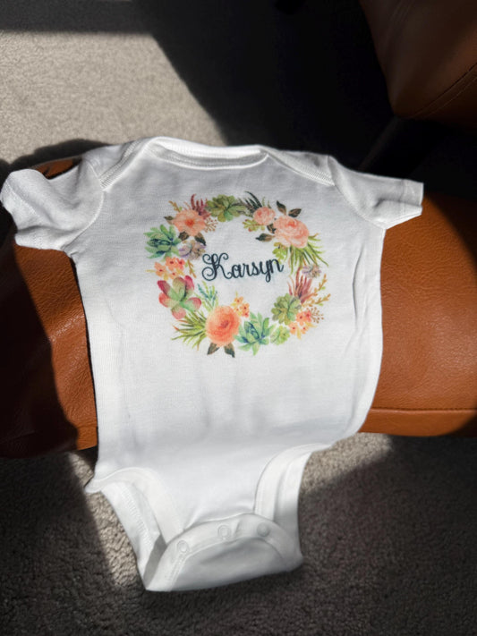 Flower wreath Baby Bodysuit, Personalized