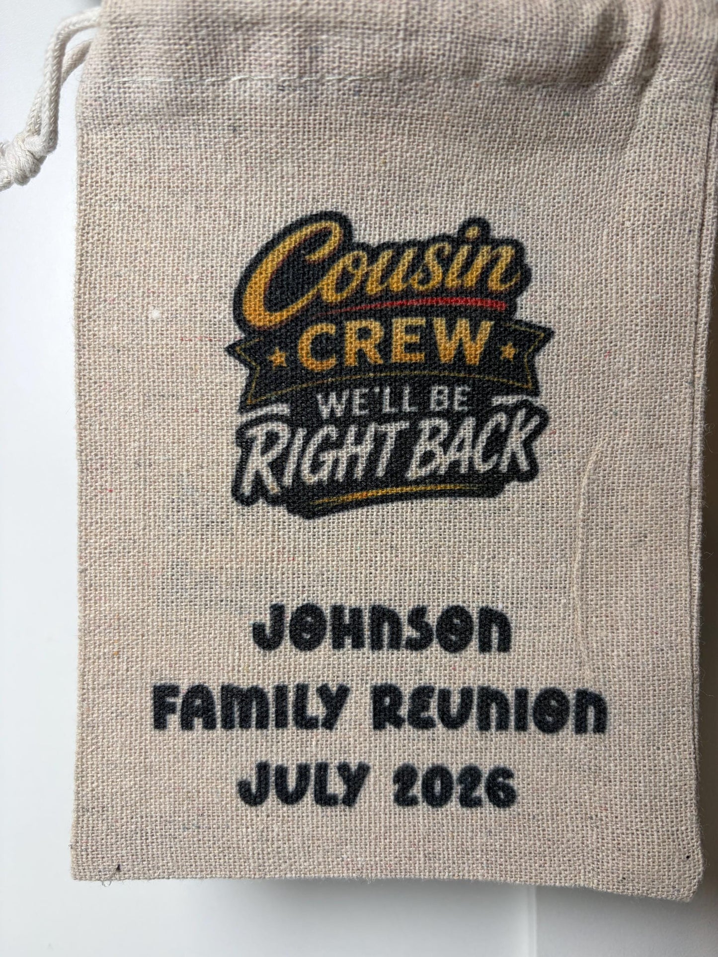 Cousin Crew Family Reunion Favor Bags, Personalized Reunion Party Favors, Custom Drawstring Gift Bags
