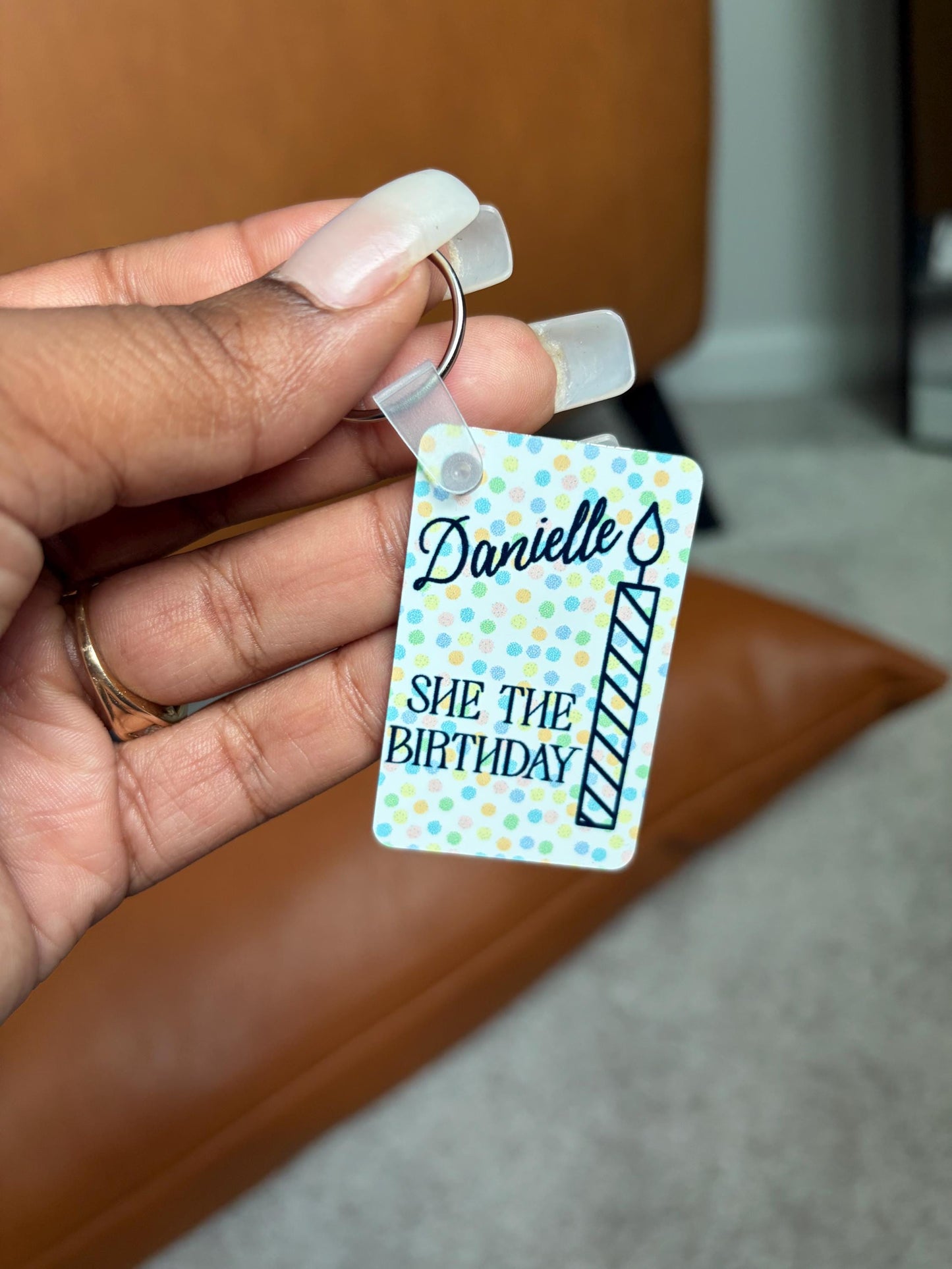 Personalized She the Birthday metal keychain