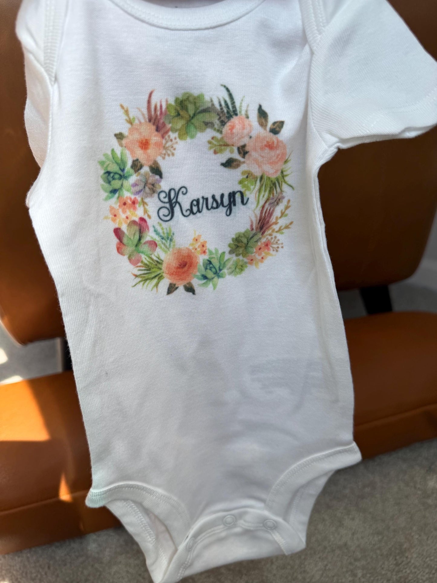 Flower wreath Baby Onesie, Personalized