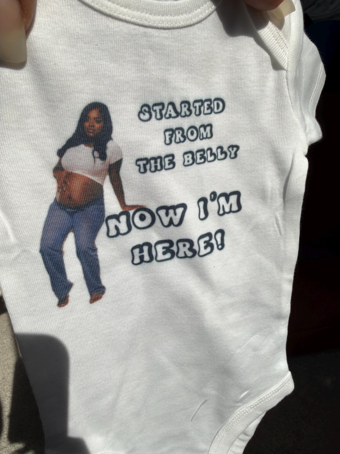 Started from the Belly, Now I'm Here Baby Onesie, Personalized