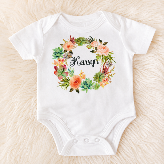 Flower wreath Baby Bodysuit, Personalized