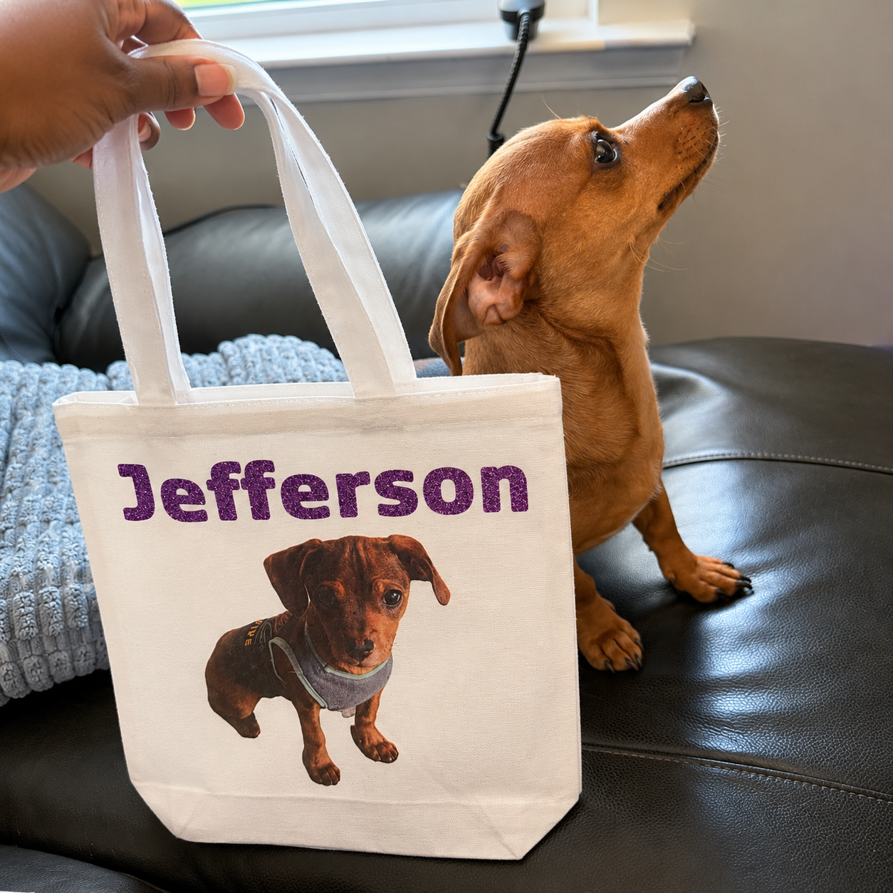 Pet Name and picture Glitter Personalized Canvas Tote