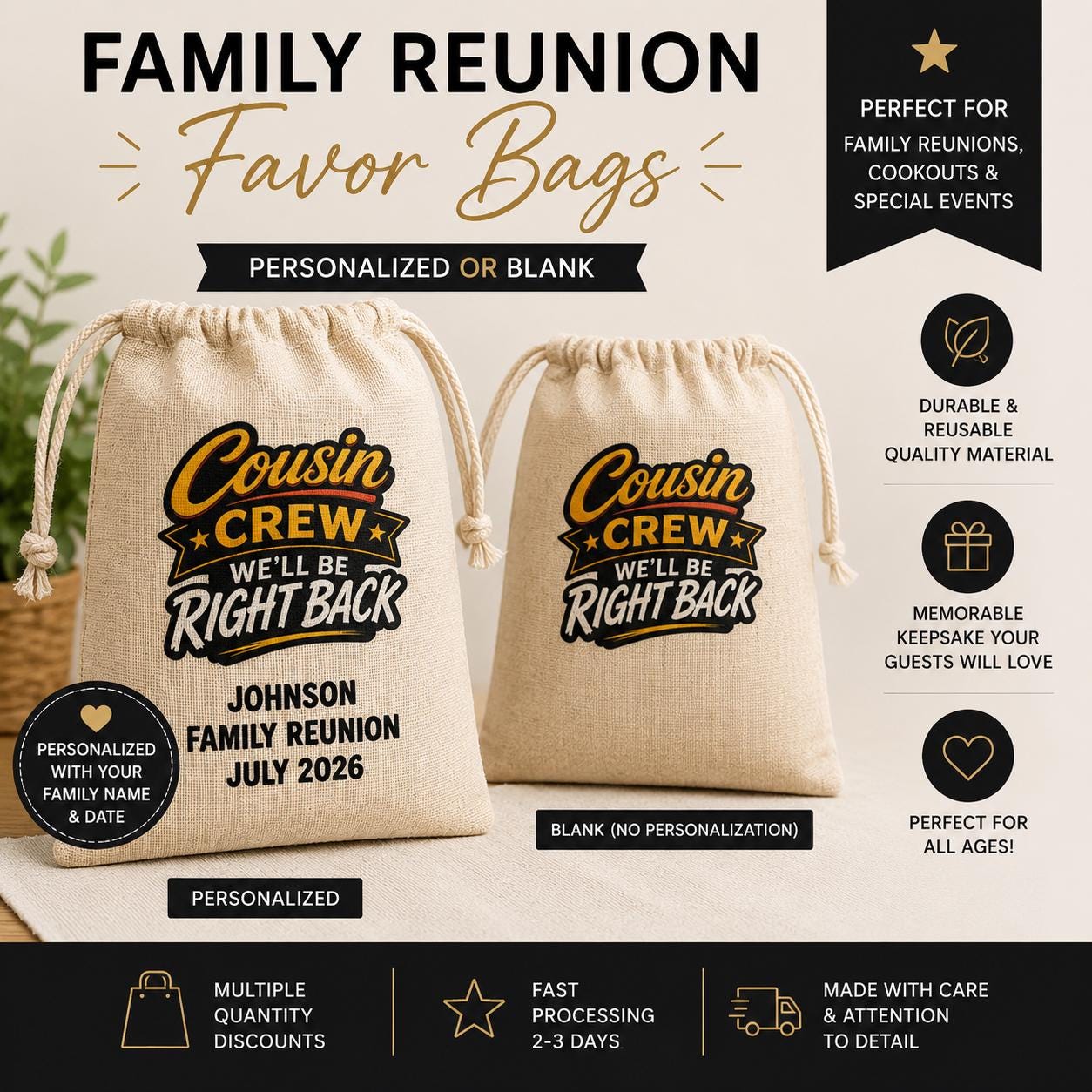 Cousin Crew Family Reunion Favor Bags, Personalized Reunion Party Favors, Custom Drawstring Gift Bags