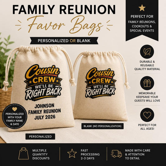 Cousin Crew Family Reunion Favor Bags, Personalized Reunion Party Favors, Custom Drawstring Gift Bags