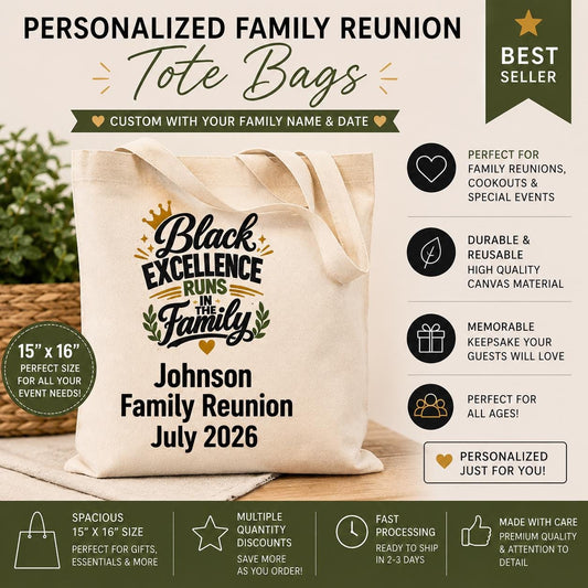 Personalized Family Reunion Tote Bag, Black Excellence Runs in the Family Tote, Custom Reunion Gift Bag