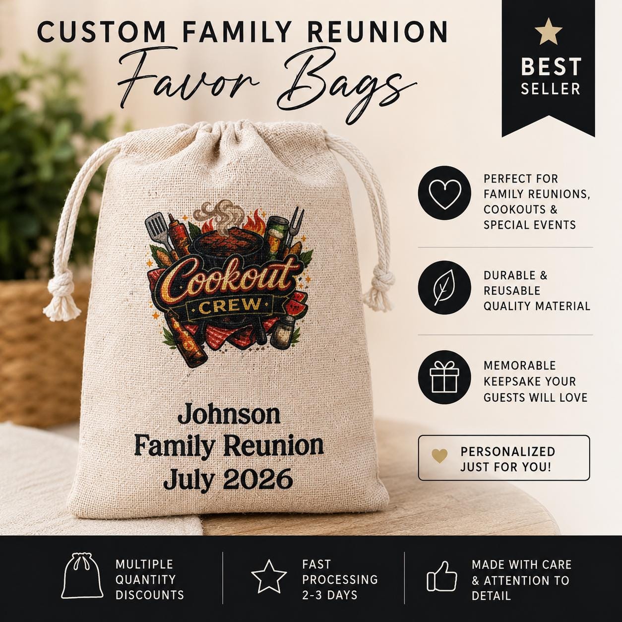 Personalized Cookout Crew Family Reunion Favor Bags, Custom Reunion Party Favors, BBQ Reunion Gift Bags