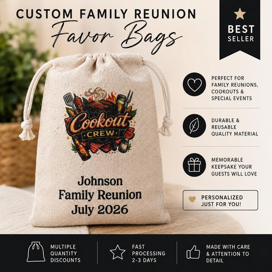 Personalized Cookout Crew Family Reunion Favor Bags, Custom Reunion Party Favors, BBQ Reunion Gift Bags