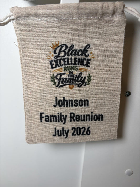 Black Excellence Family Reunion Favor Bags, Personalized Reunion Party Favors, Custom Drawstring Gift Bags