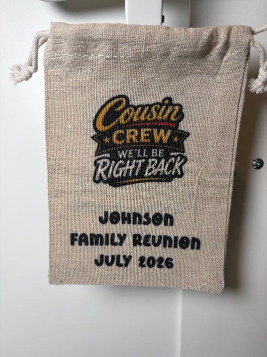 Cousin Crew Family Reunion Favor Bags, Personalized Reunion Party Favors, Custom Drawstring Gift Bags
