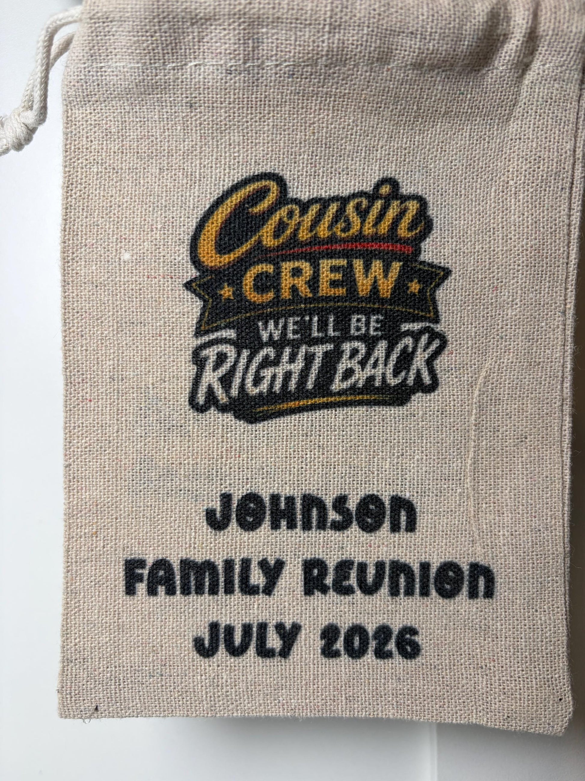 Cousin Crew Family Reunion Favor Bags, Personalized Reunion Party Favors, Custom Drawstring Gift Bags