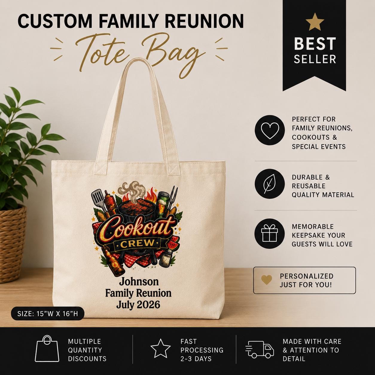 Cookout Crew Family Reunion Tote Bag, Personalized Reunion Tote, Custom Family Reunion Gift Bag, BBQ Tote